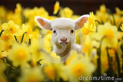 Young Easter lamb between Daffodil spring flowers Stock Photo