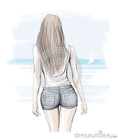 Young elegant woman walking on a beach Vector Illustration