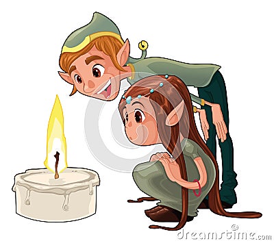 Young elfs with a candle. Vector Illustration