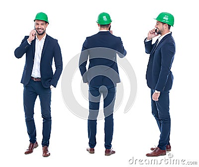 Young engineer calling by phone, front, side, rear view, isolate Stock Photo