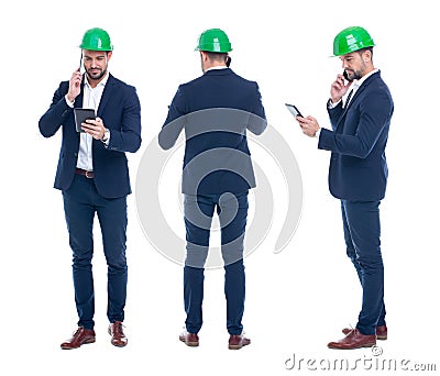 Young engineer with tablet calling by phone, front, side, rear v Stock Photo