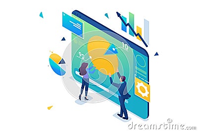 Young entrepreneurs are working with a chart on a tablet. Data Analytics. 3D isometric. Concept for web design Vector Illustration