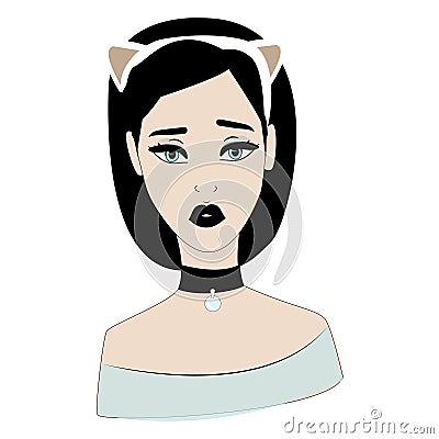 Young european girl in cat`s ears on white background. Vector Illustration