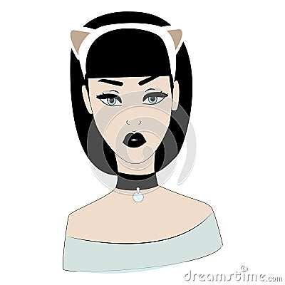 Young european girl in cat`s ears on white background. Vector Illustration