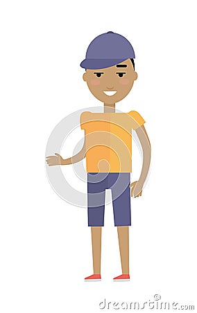 Young European Man in T-shirt, Breeches and Cap Vector Illustration