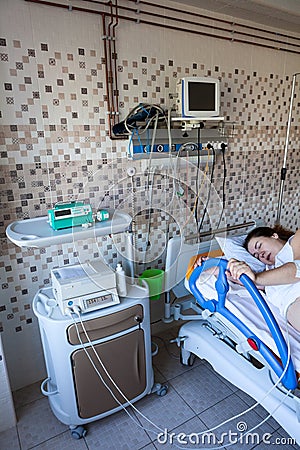 Young European woman in labour, ultrasonic cardiogram for abdominal, maternity hospital Stock Photo