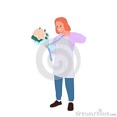 Young excited experienced woman florist cartoon character making decorative flower bouquet Vector Illustration