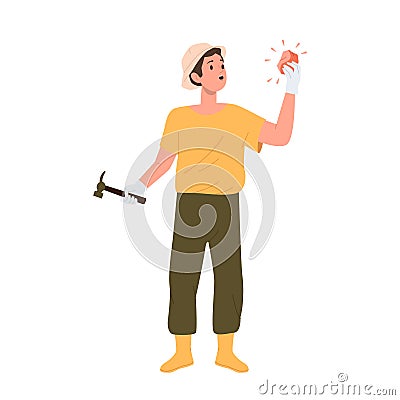 Young excited man geologist cartoon character excavating mineral resource isolated on white Vector Illustration