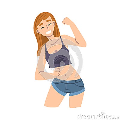 Young Excited Woman Showing Approving Gesture Fist Pumping Vector Illustration Vector Illustration