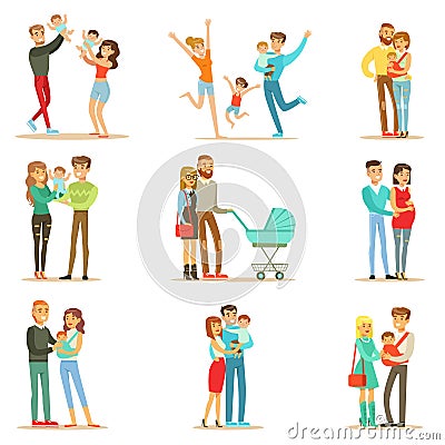 Young And Expecting Parents With Small Babies And Toddlers Serie Of Happy Full Family Portraits. Vector Illustration