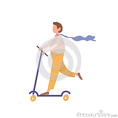 Young faceless man riding kick scooter, cartoon style teenager character pushes off scooter, flat vector illustration Vector Illustration
