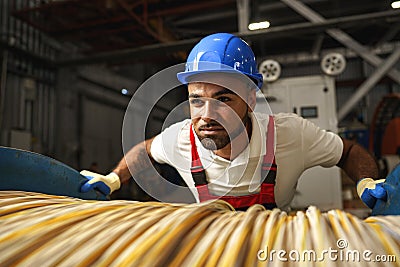 A young factory workman rolls heavy coil of electric cable Stock Photo