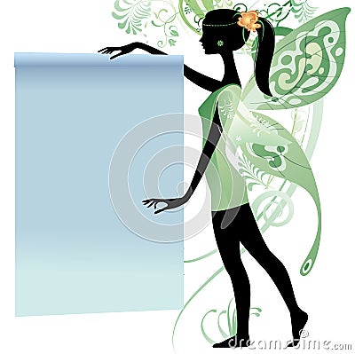 Young fairy girl in green dress with a banner Vector Illustration