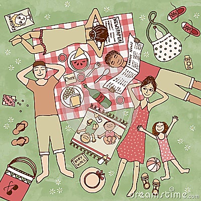 Young families with their children having picnic Vector Illustration