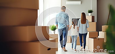 young family with child moving in new home. room full with cardboard boxes. banner Stock Photo