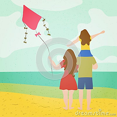 A young family with a child watching the sea on the beach with a kite in their hands. Summer season holiday vacation concept. Cartoon Illustration