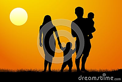 A man and a woman with two children, at dawn. Vector Illustration