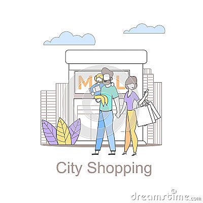 Young Family City Shopping is Becoming Popular. Vector Illustration