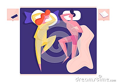 Young Family Couple Male and Female Character Sleeping on Comfy Bed. Naked Man Hugging Blanket Vector Illustration