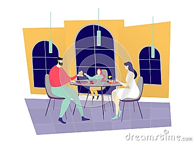 Young family dinner restaurant, character father mother and daughter sitting cozy cafe isolated on white, flat vector Vector Illustration