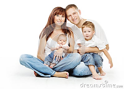 Young family four persons, smiling father mother and two children sons Stock Photo