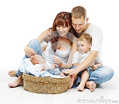 Young family four persons, smiling father mother two children Stock Photo