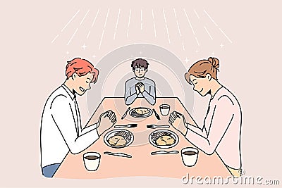 Religious family with kid pray thanking for food Vector Illustration