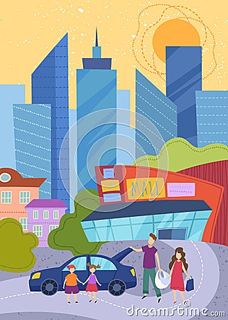 Young family with kids shopping in the city with the parents Vector Illustration