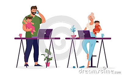 Young family with kids working from home, modern young couple with kids, family life podcast. Flat vector illustration Vector Illustration