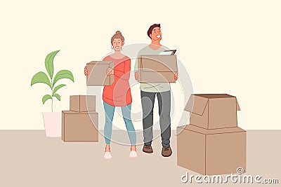 Young family, neighbour, rearrangement, moving to new house, cohabitation concept. Vector Illustration