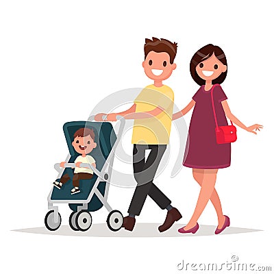 Young family. Parents with a toddler. Mom and Dad are walking wi Cartoon Illustration