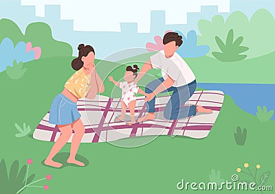 Young family picnic flat color vector illustration Vector Illustration