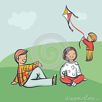 Young family relax outdoor, kid launch a kite. Cartoon style vector illustration, simply editable set Vector Illustration