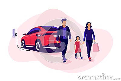 Electric Car Charging while Family Shopping Vector Illustration