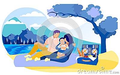 Young Family with Toddler Kid on Picnic in Country Vector Illustration