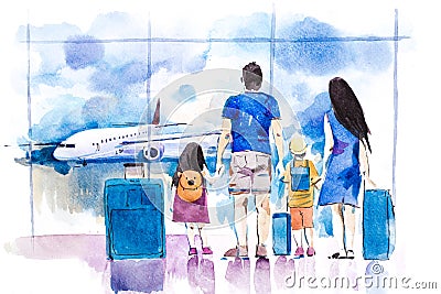 Young family travelling in international airport standing near window. Stock Photo