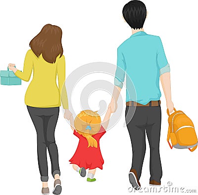 Young family walking with her little daughter to a new school Vector Illustration