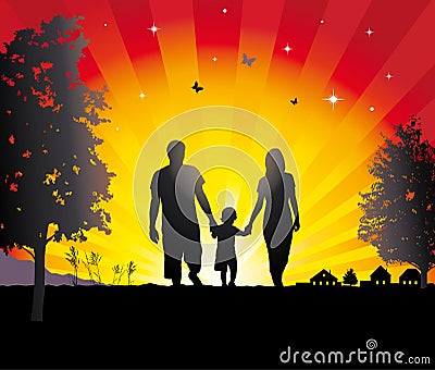 Young family walking in the village. Vector Illustration