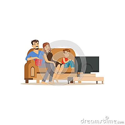 Young family watching tv with little boy, people sitting on a sofa Vector Illustration