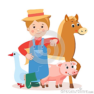 Young Farmer With Farm Animals: Horse, Pig, Goose. Cartoon Vector Illustration On A White Background. Vector Illustration