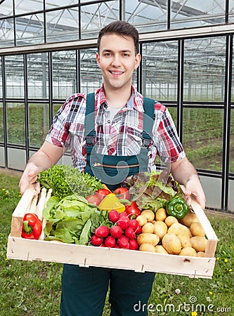 Young farmer in front of a greenhouse with vegetables Stock Photo