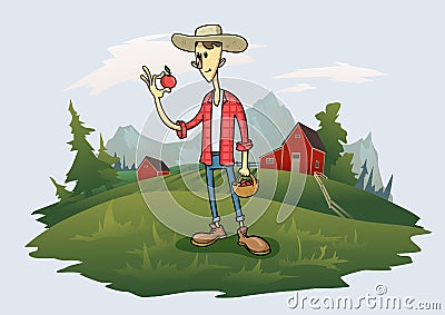 Young farmer in the hat with a red apple in his hand, funny cartoon character standing on the grass with trees and Vector Illustration