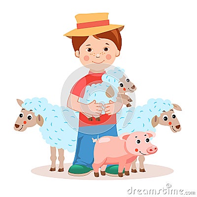 Young farmer with lamb in the hands and farm animals - pig, sheep. Vector Illustration