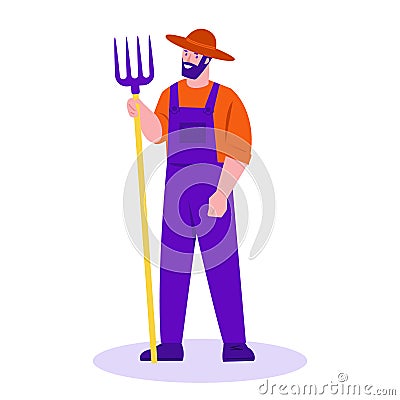 Young farmer with a pitchfork. Vector illustration in flat cartoon style. Isolated on a white background. Vector Illustration