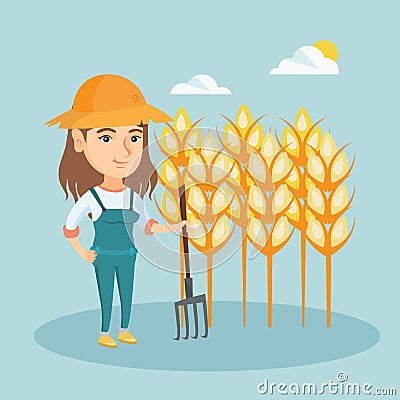 Young farmer standing in a field with pitchfork. Vector Illustration