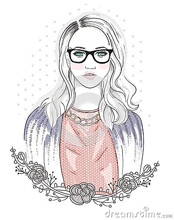 Young fashion girl illustration. Hipster girl with glasses Vector Illustration