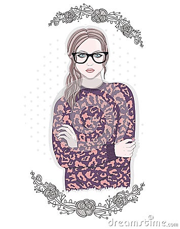 Young fashion girl illustration. Hipster girl with glasses Vector Illustration