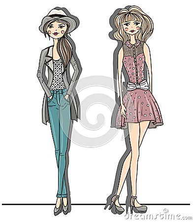 Young fashion girls illustration. Vector illustrat Vector Illustration