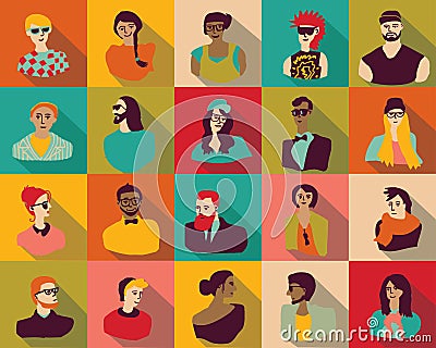 Young fashion people icons portrait flat characters set. Vector Illustration