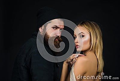 Young fashionable couple. Hipsters love. Rock style. Best sexy elegant couple in the tender passion. Stock Photo